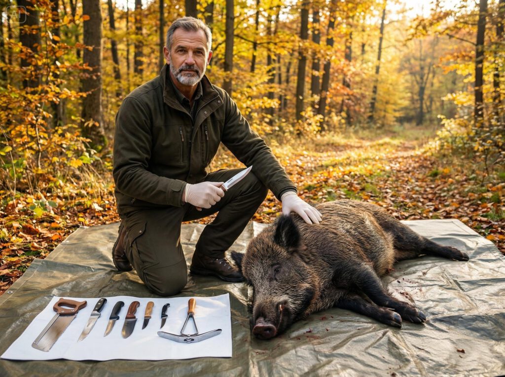 Ein Jäger bereitet sich auf das Aufbrechen eines Wildschweins vor.