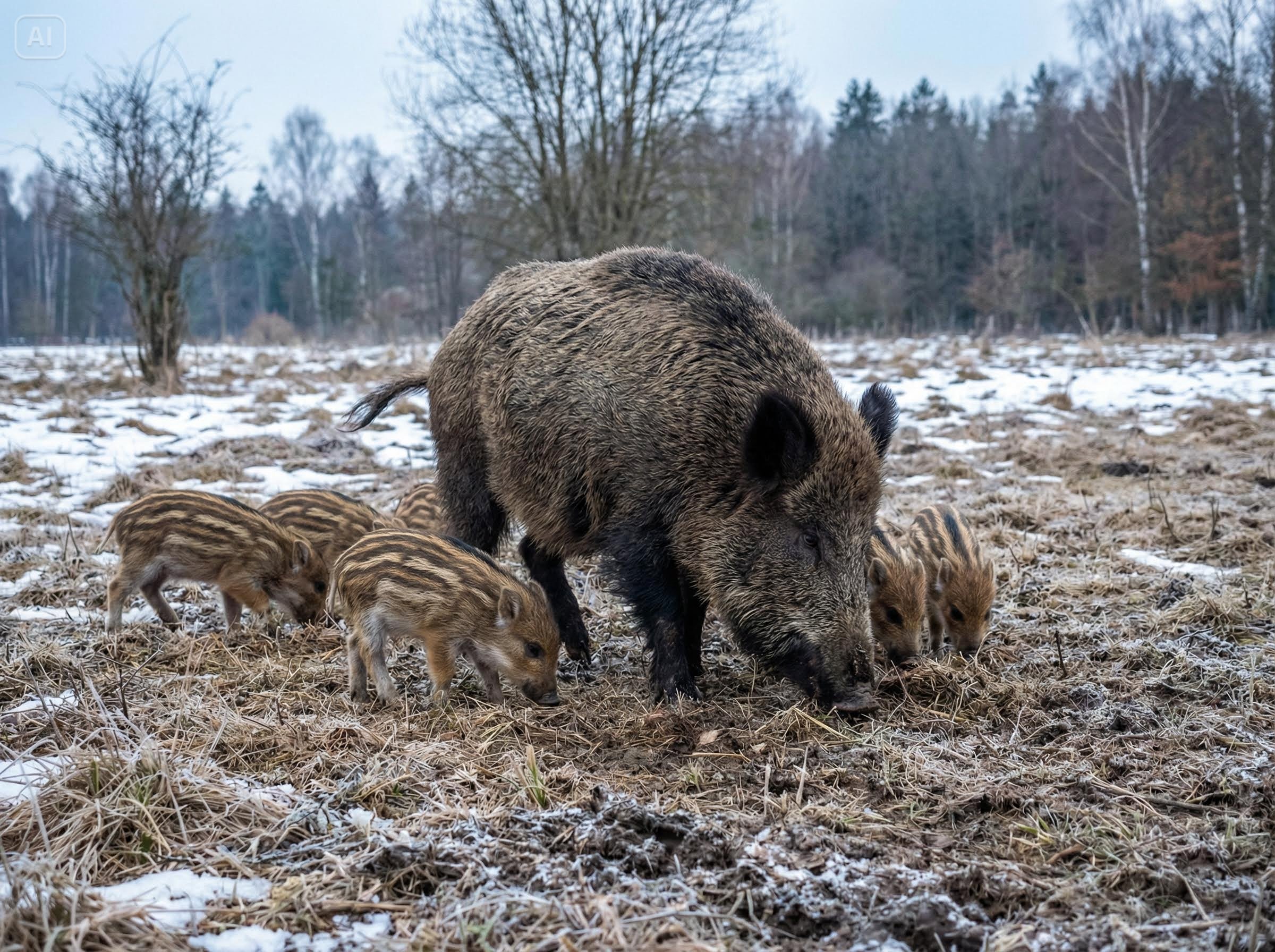 Bache mit Frischlingen am Ortsausgang Wahlitz