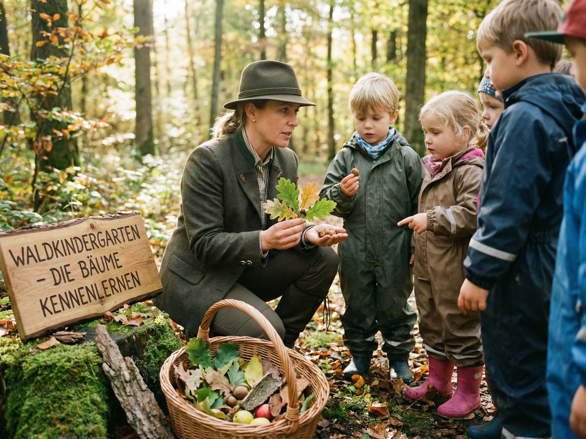 Kindergartenkinder lernen Bäume im Wald kennen
