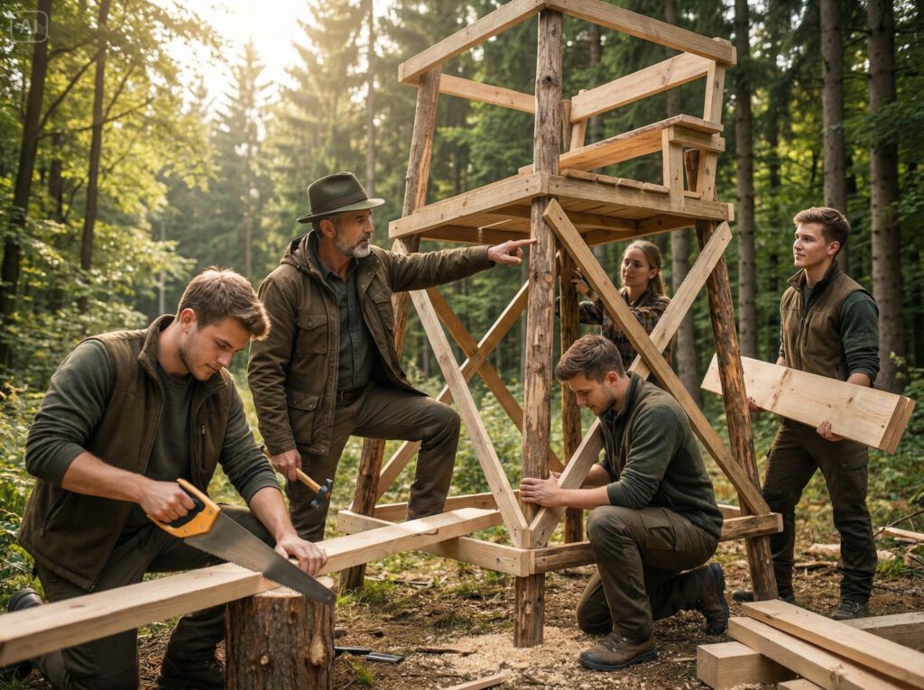 Jäger bauen einen Hochsitz