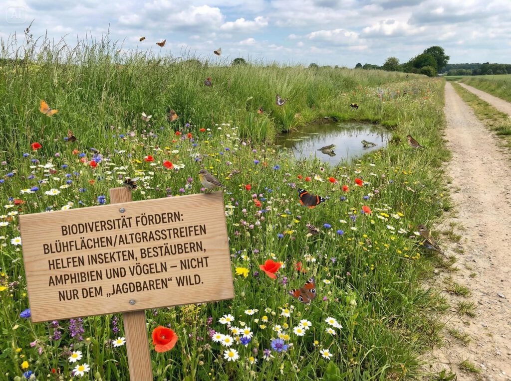Blühflächen/Altgrasstreifen helfen Insekten, Bestäubern, Amphibien und Vögeln