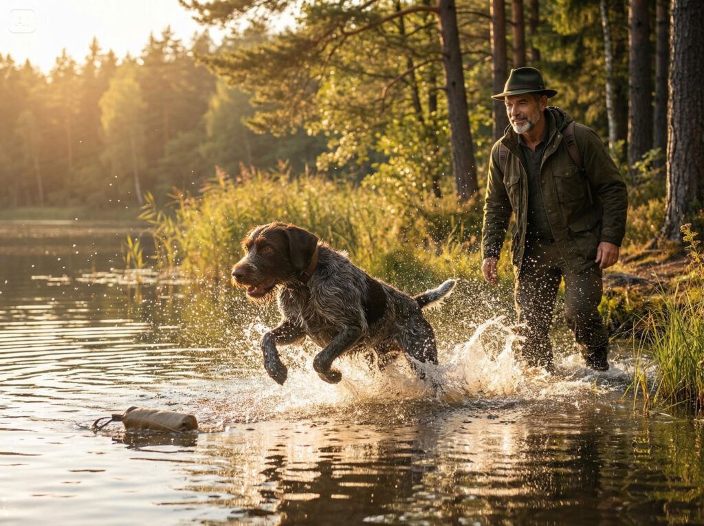 Deutsch Drahthaar springt kraftvoll in einen See, um ein Apportel zu holen, Wasser spritzt hoch, Jäger in wetterfester Kleidung steht am Ufer und beobachtet