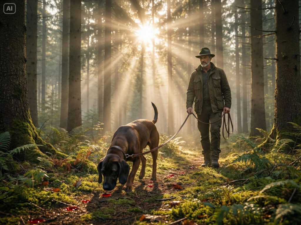 Bayerischer Gebirgsschweißhund arbeitet konzentriert mit tiefer Nase auf einer Schweißfährte im dichten Wald, Hundeführer folgt in respektvollem Abstand am langen Schweißriemen