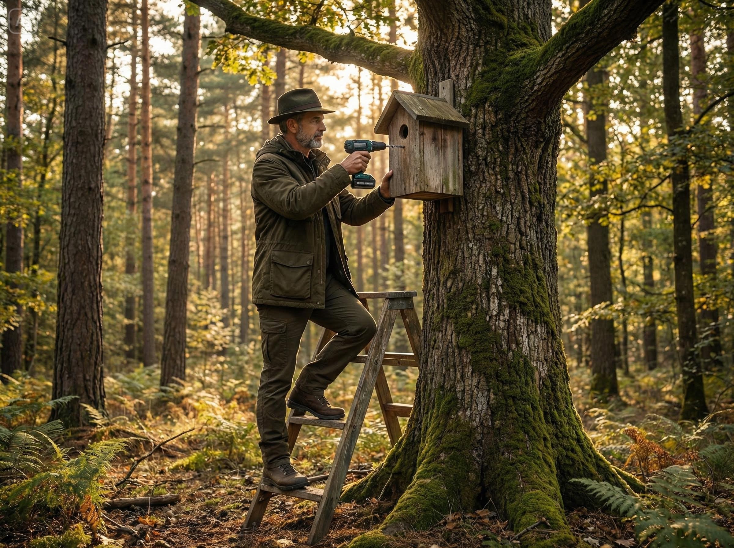 Ein Jäger montiert einen Nistkasten