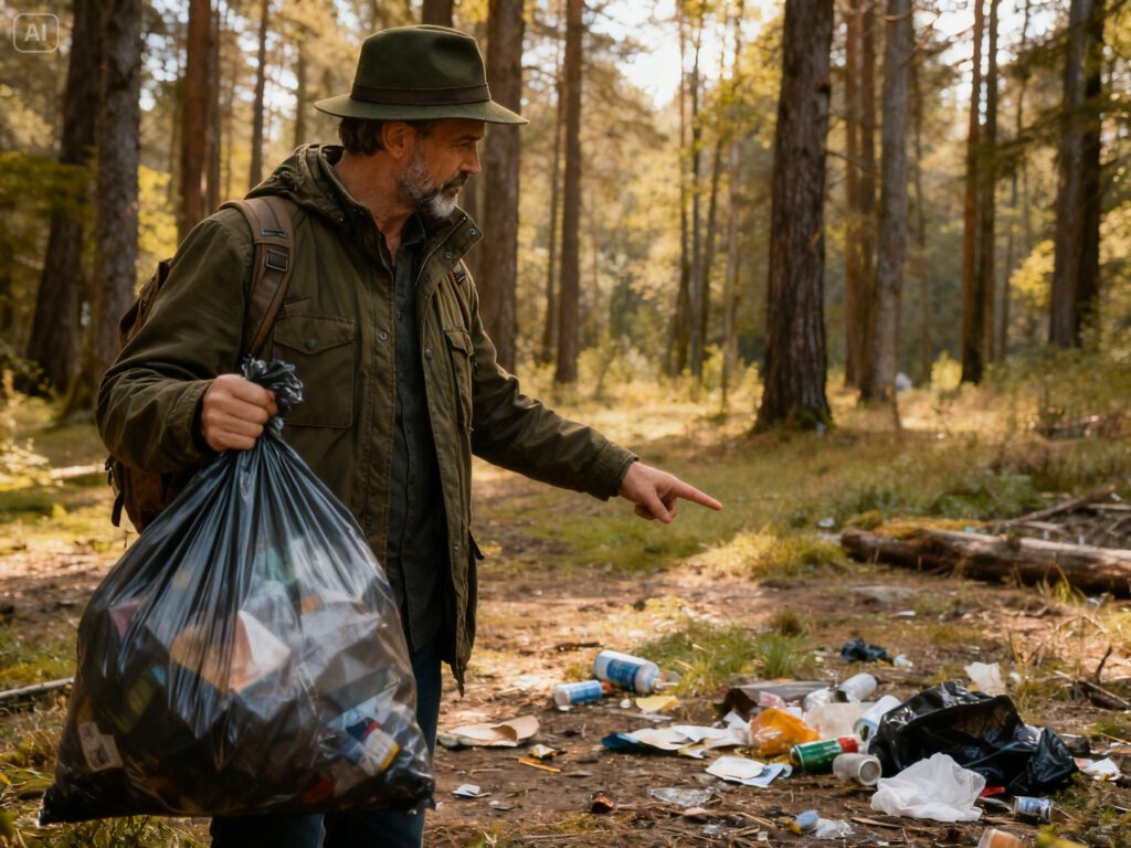 Jäger sammelt Müll im Wald