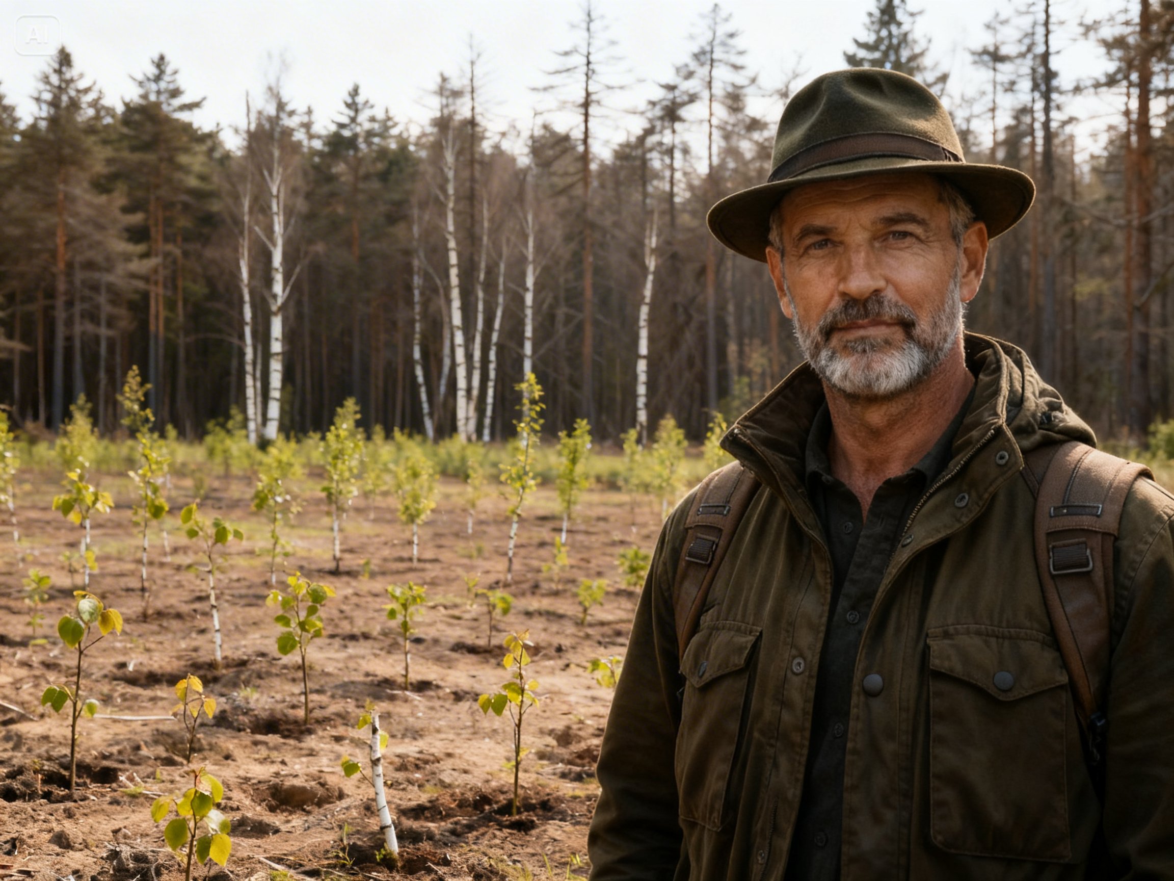 Ein Feld mit jungen Buchen- und Birken-Setzlingen