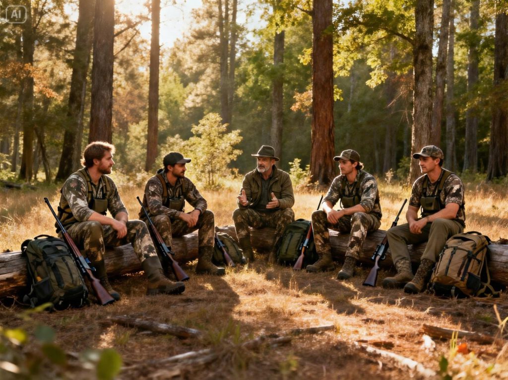 Vier Jungjäger werden von einem erfahrenen Jäger ausgebildet
