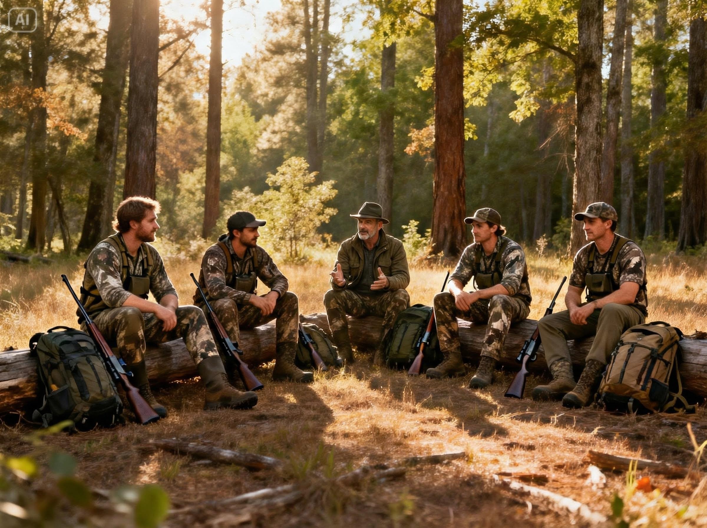 Vier Jungjäger werden von einem erfahrenen Jäger ausgebildet