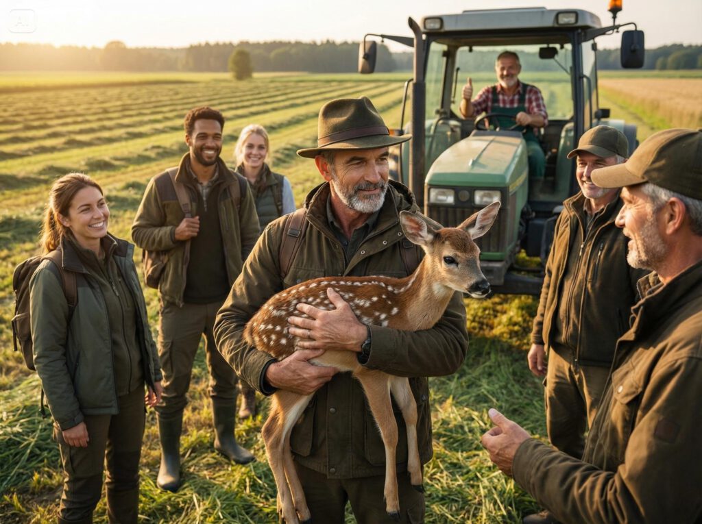 Gruppe von freiwilligen Helfern und Jägern am Rande eines frisch gemähten Feldes, Landwirt auf Traktor im Hintergrund hebt dankbar den Daumen, Jäger hält gerettetes Kitz sicher im Arm bevor es an geschütztem Ort freigelassen wird
