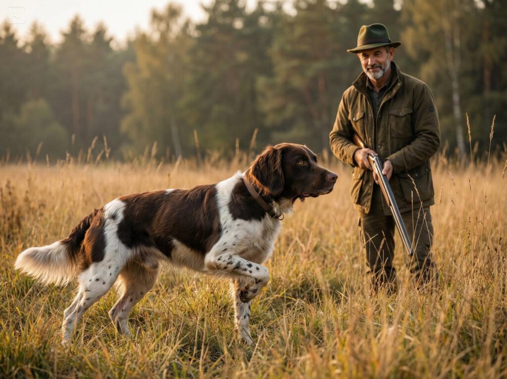 Kleiner Münsterländer steht in einem Feld mit hohem Gras perfekt vor, Körper angespannt, Vorderlauf angehoben, Blick starr auf unsichtbares Wild, Jäger steht einige Meter dahinter und beobachtet mit Stolz
