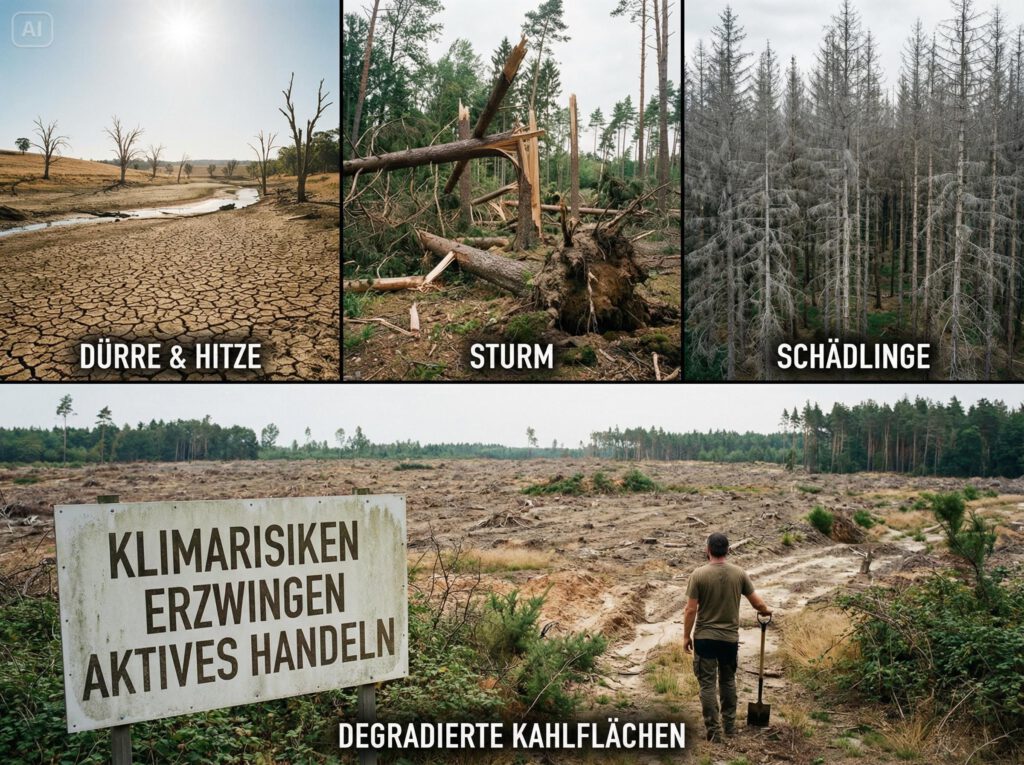 Klimarisiken erzwingen aktives Handeln zeige welche schäden Dürre, Hitze, Sturm und Schädlinge anrichten, degradierte Kahlflächen die austrocknen oder verbuschen.