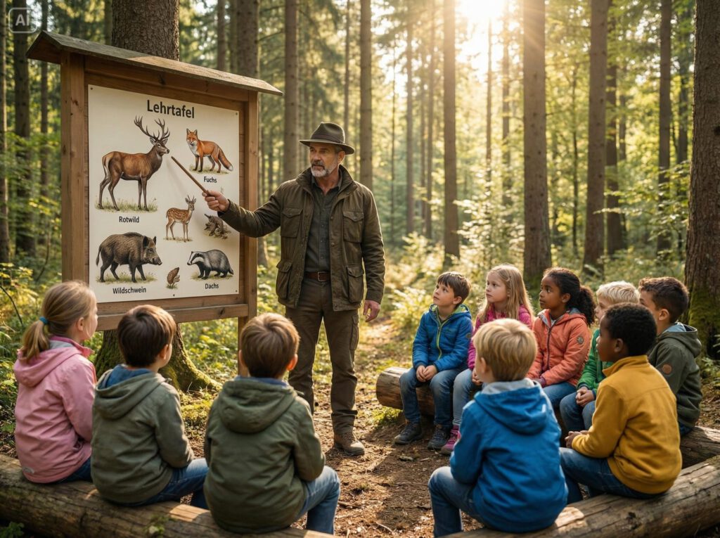 Ein Jäger erklärt Kindern an einer Lehrtafel die Tiere des Waldes.