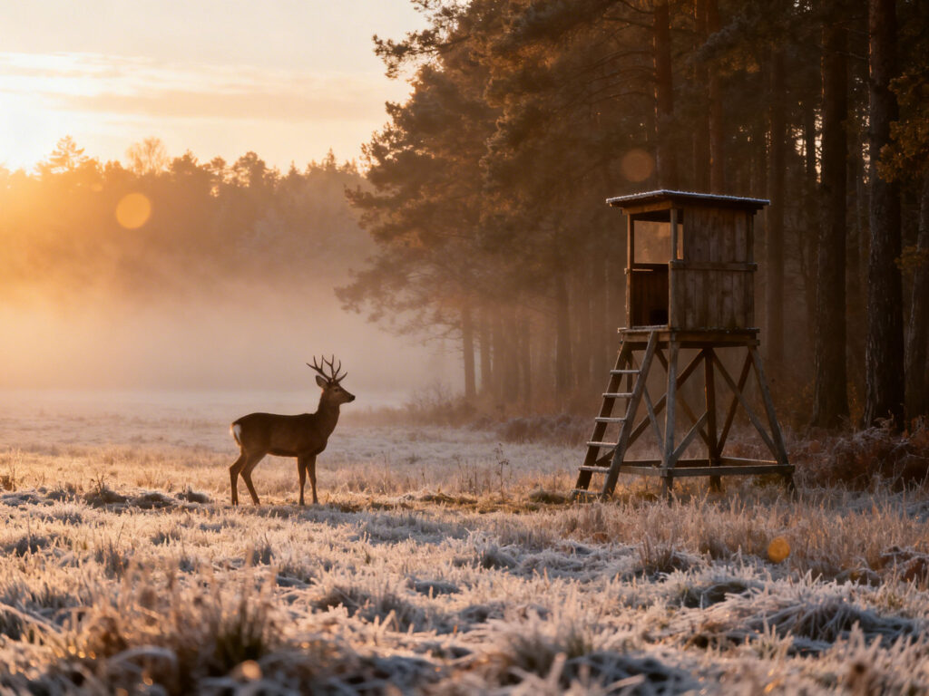 Eine ruhige Waldlichtung im Sonnenaufgang mit leichtem Nebel und goldenem Gegenlicht, einem stillen Hochsitz am Waldrand, frostbedecktem Gras und einem friedlich am Rand stehenden Reh.