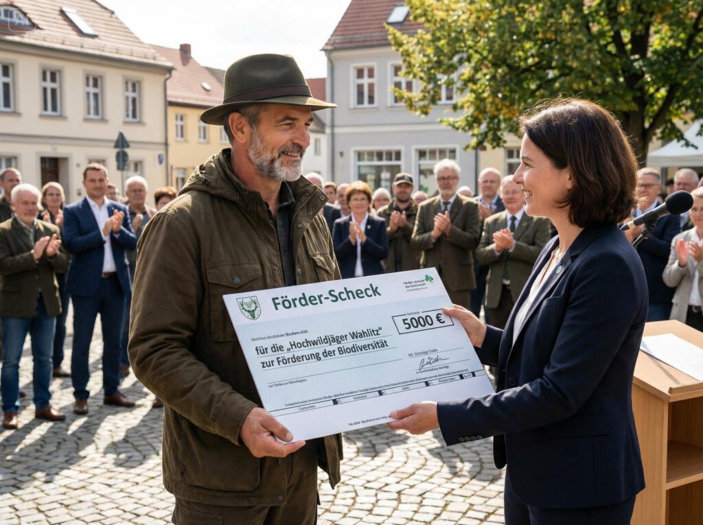 Der Verein "Hochwildjäger Wahlitz e.V." wird ein Spendenscheck von 5.000€ überreicht.