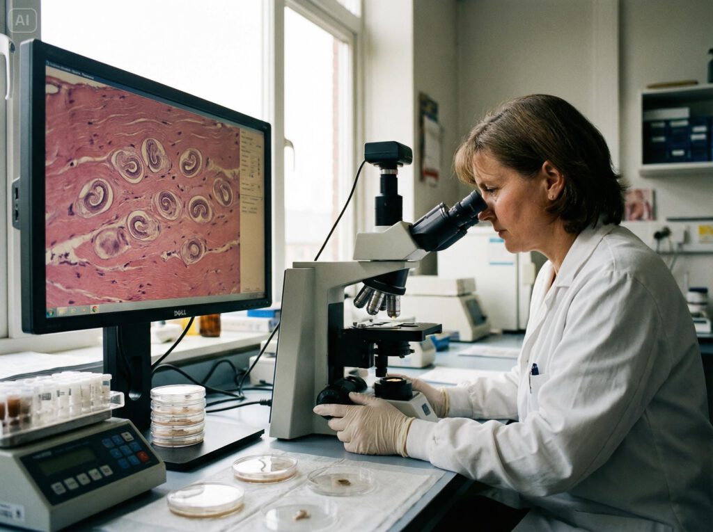 eine Laborantin blickt hochkonzentriert durch ein Mikroskop, neben dem Mikroskop steht ein Bildschirm, der das vergrößerte Bild zeigt: Man erkennt eine Probe, mit typischen, eingekapselten Trichinenlarven