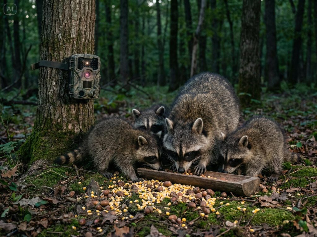 Eine Waschbärfamilie wird von einer Wildkamera überwacht