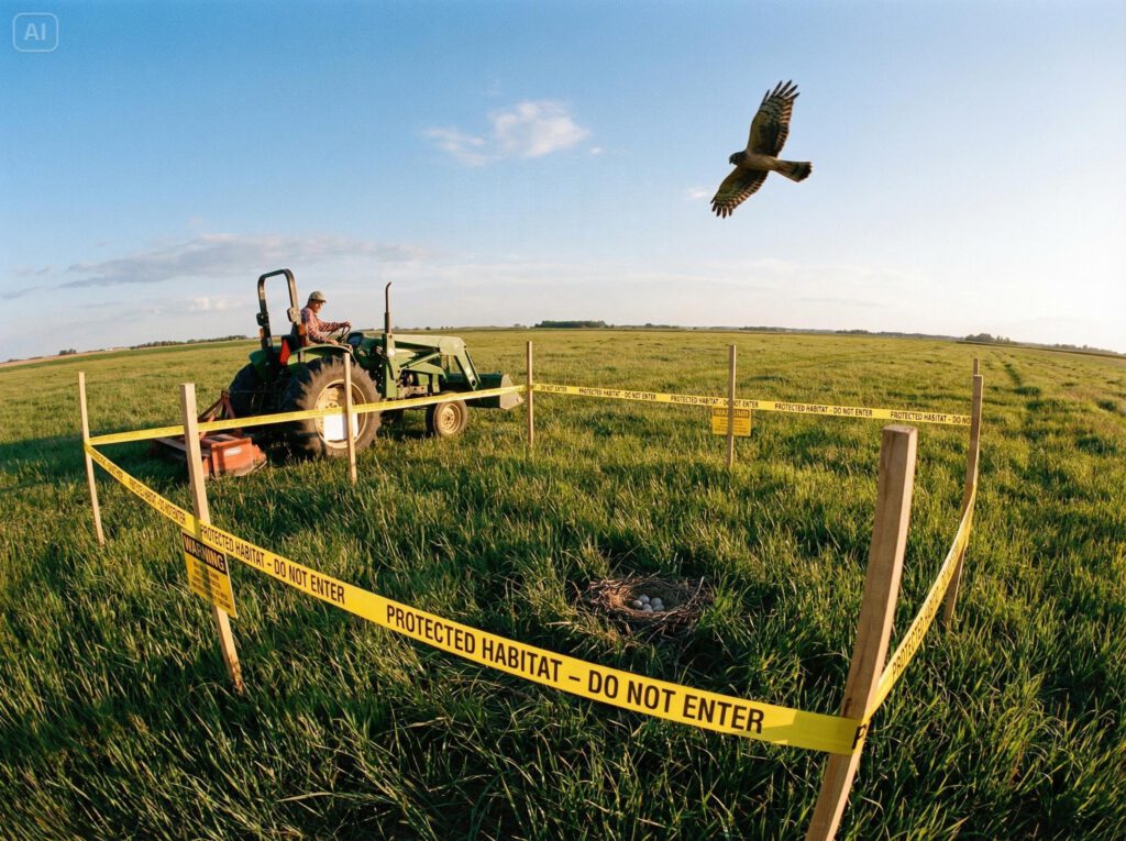 Wiesenvogelschutz: auf einer Wiese ist das Nest einer Kornweihe abgesperrt