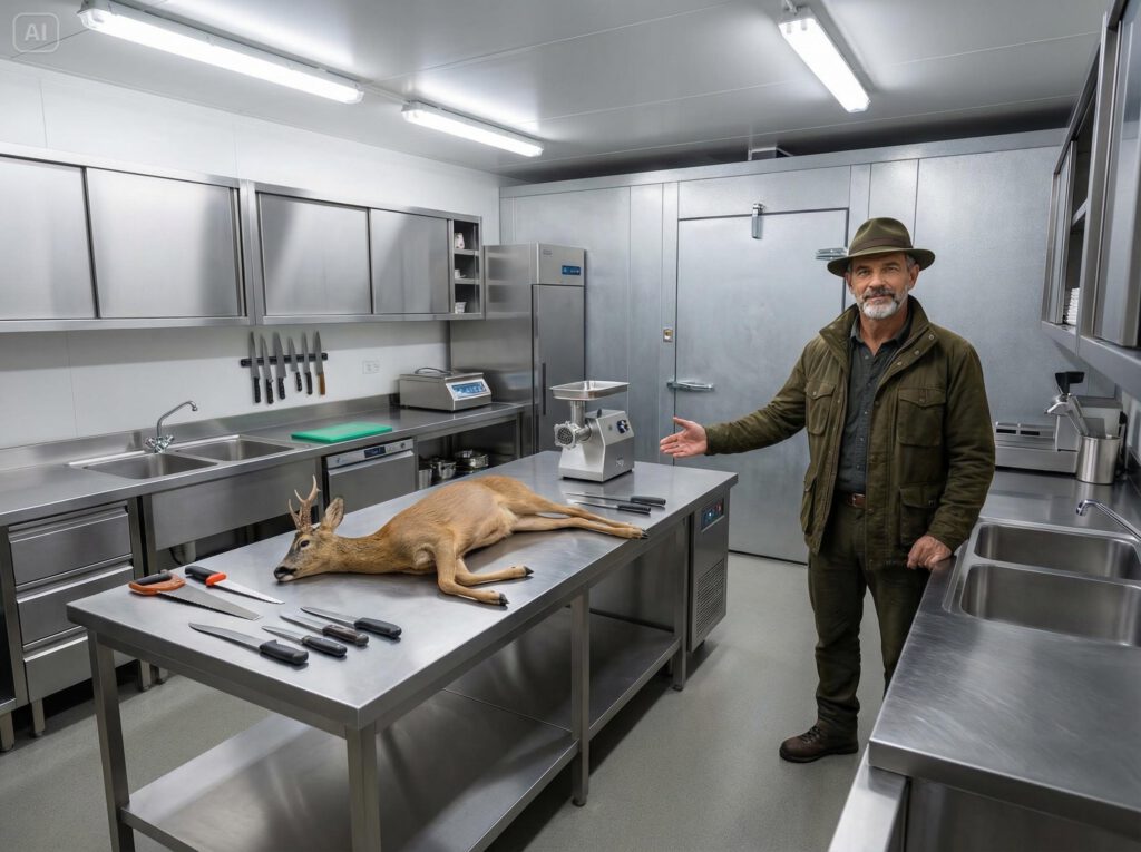 Eine Wildküche in Edelstahl mit einer Kühlkammer