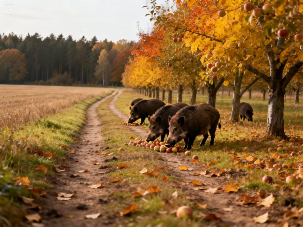 Wildschweine auf eine Streuobstwiese