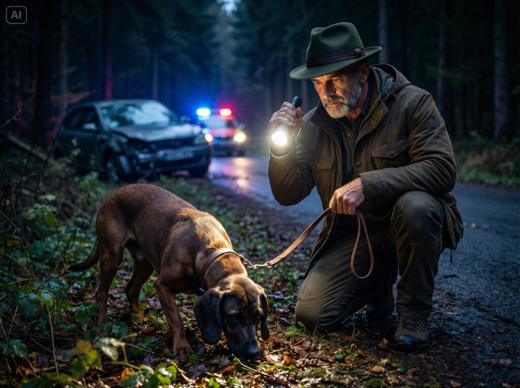 Nach einem Wildunfall sucht der Hundeführer nach dem verletzten Wild.