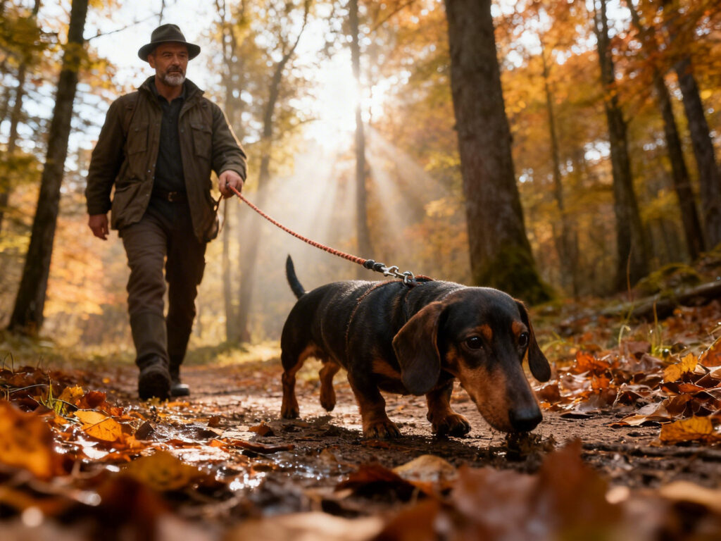 Ich arbeite im herbstlichen Wald in gedeckter Kleidung eng mit meinem Teckel an der Schweißleine, während ich mit Abstand seine konzentrierte Nasenarbeit beim Folgen der Fährte begleite.