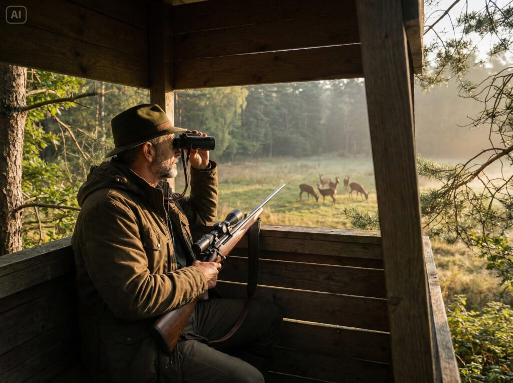 Ein Jäger sitzt auf einem Hochsitz und beobachtet Rehwild im Hintergrund