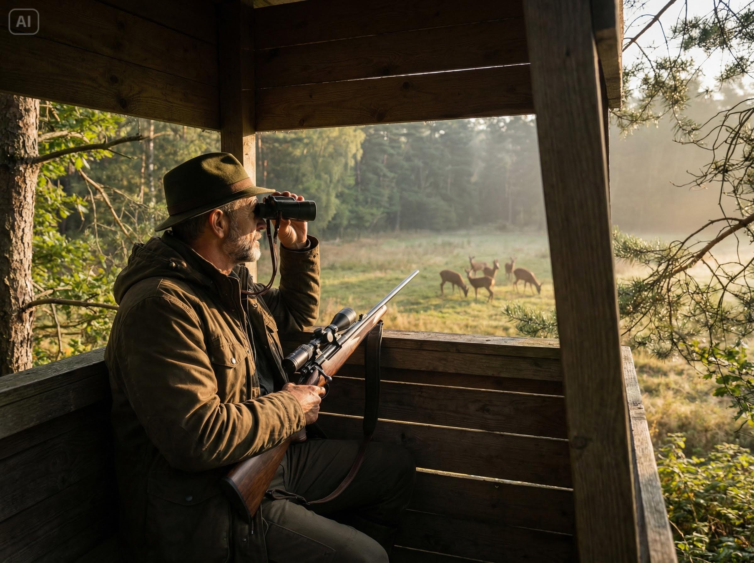 Ein Jäger sitzt auf einem Hochsitz und beobachtet Rehwild im Hintergrund